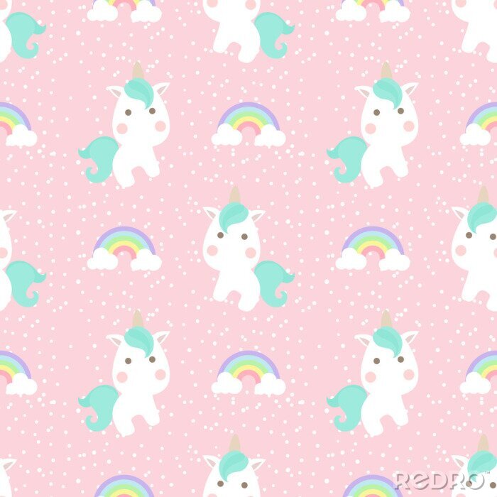 Tapete Einhörner und Regenbögen auf rosa Hintergrund