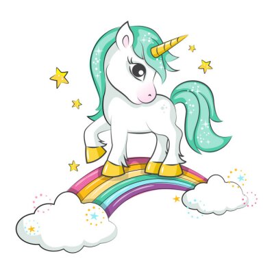 Einhorn mit grünem Schwanz und Mähne auf einem Regenbogen