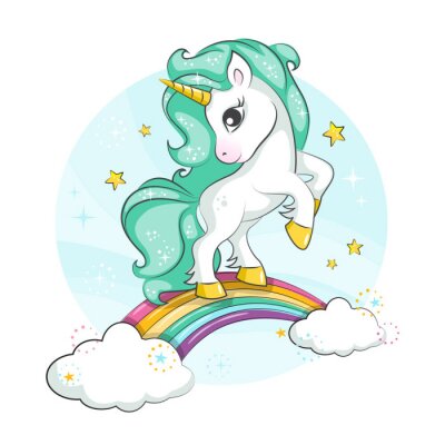 Einhorn mit grüner Mähne auf einem Regenbogen mit Wolken