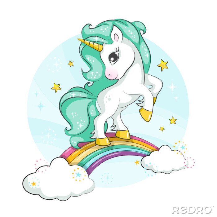 Tapete Einhorn mit grüner Mähne auf einem Regenbogen mit Wolken