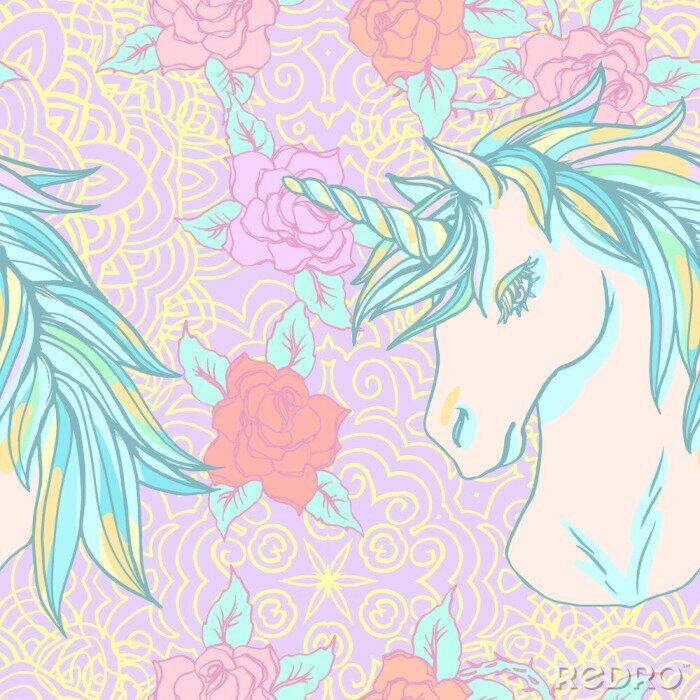 Tapete Einhorn und kleine Blumen