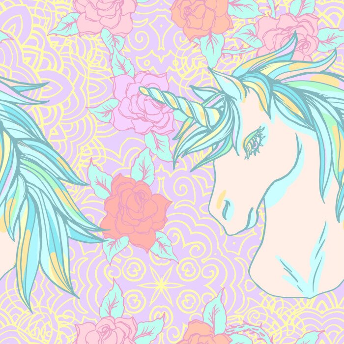 Tapete Einhorn und kleine Blumen