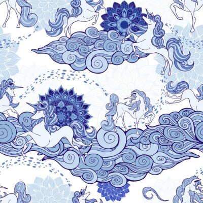 Tapete Einhorn und Wolke und Mandala Design für Fantasie Porzellan Blau und Weiß Ton mit weißem Hintergrund nahtlosen Muster Muster Vektor