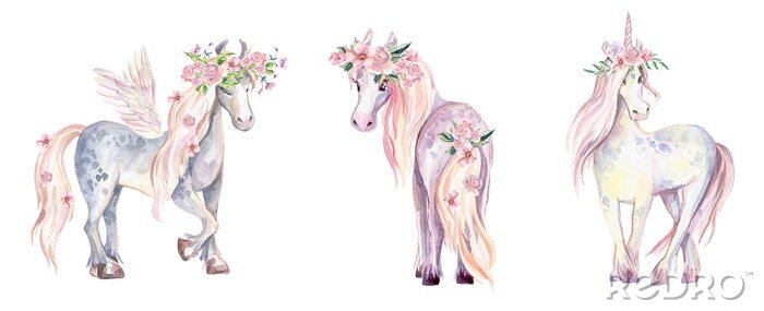 Tapete Einhornpferd und Pegasus mit Blumen verziert