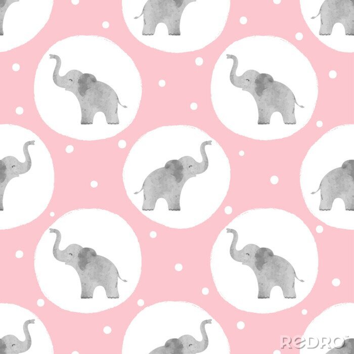 Tapete Elefanten in Tupfen auf rosa Hintergrund