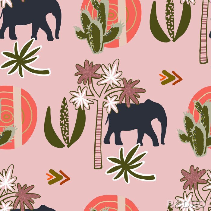 Tapete Elefanten und Pflanzen auf rosa Hintergrund