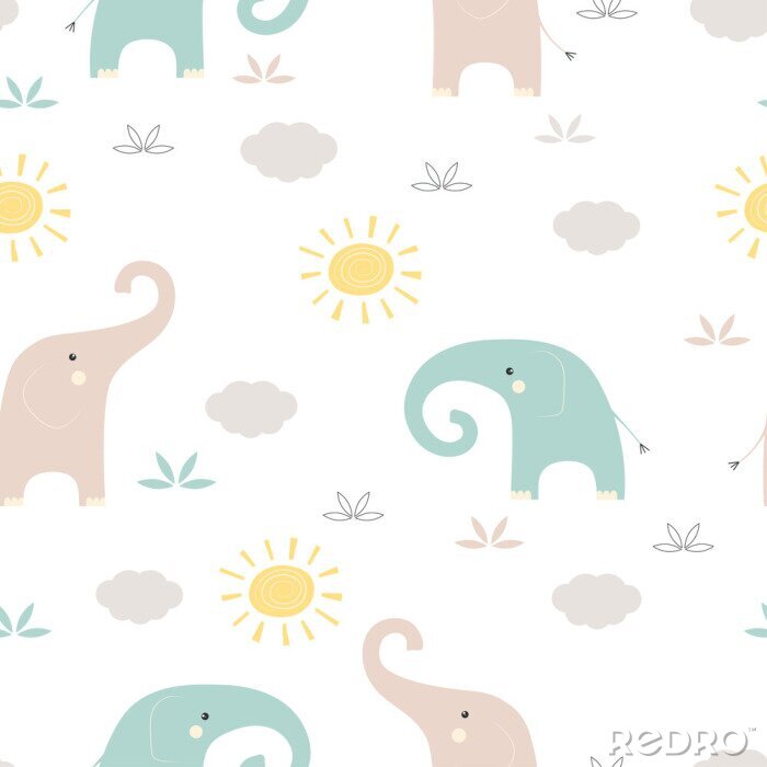 Tapete Elefantenbabys mit Sonnen und Wolken