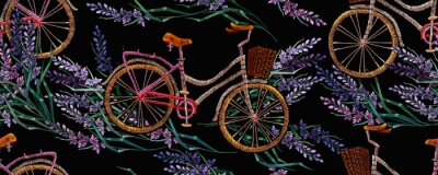 Tapete Embroidery lavender flowers and bicycle horizontal seamless pattern. Summer and spring floral art. Lifestyle concept. Fashion template for clothes, t-shirt design