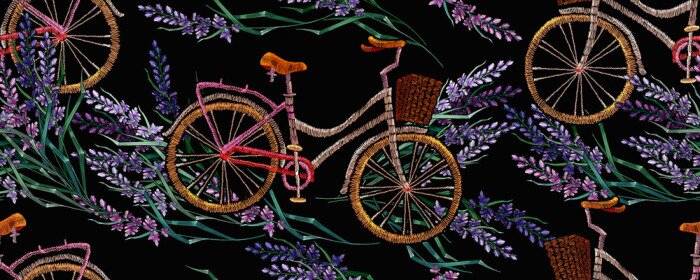 Tapete Embroidery lavender flowers and bicycle horizontal seamless pattern. Summer and spring floral art. Lifestyle concept. Fashion template for clothes, t-shirt design