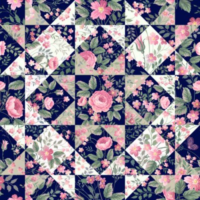 Tapete Englische Rosen auf Patchwork-Hintergrund Grafik