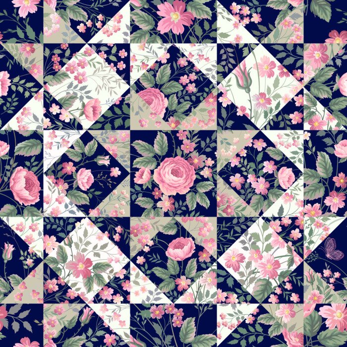 Tapete Englische Rosen auf Patchwork-Hintergrund Grafik