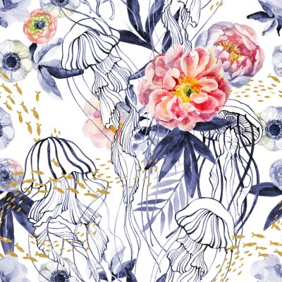 Tapete Englische Rosen blaue Bl?tter und Quallen