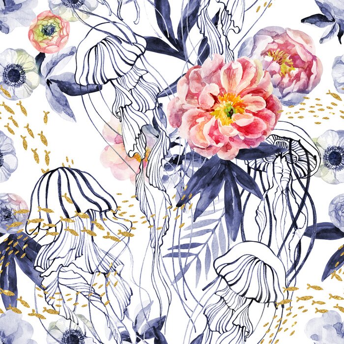 Tapete Englische Rosen blaue Bl?tter und Quallen