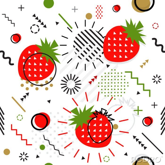 Tapete Erdbeeren-Muster im Memphis-Stil