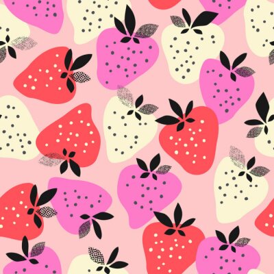 Tapete Erdbeerfrucht im dreifarbigen Muster