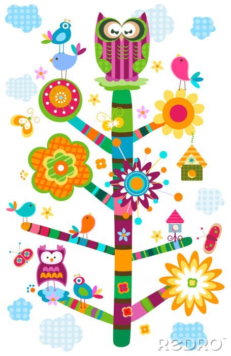 Tapete Eule auf farbigem Bäumchen