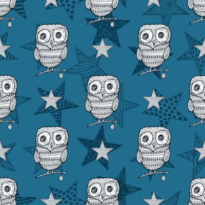 Tapete Eulen auf einem Hintergrund aus blauen Sternen