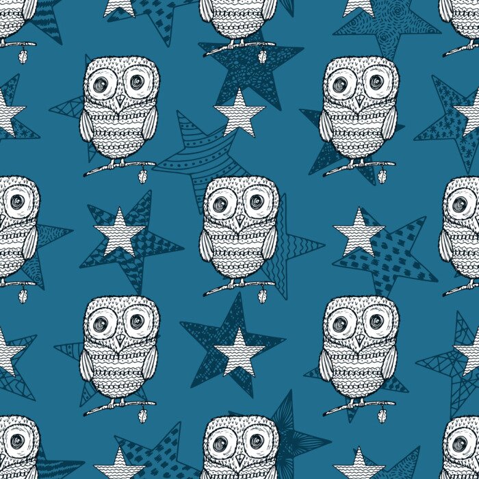Tapete Eulen auf einem Hintergrund aus blauen Sternen