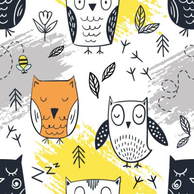 Tapete Eulen für Kinder mit Bienen und Blättern