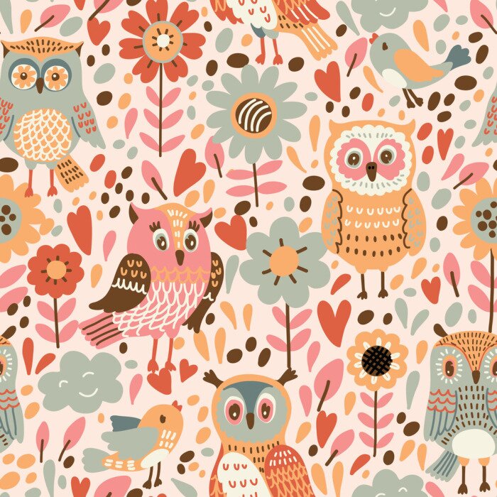 Tapete Eulen für Mädchen mit Blumen und Herzen