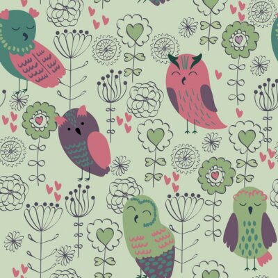 Tapete Eulen und Blumen mit Herzchen