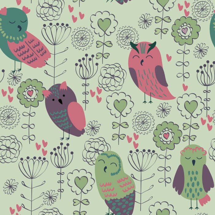 Tapete Eulen und Blumen mit Herzchen