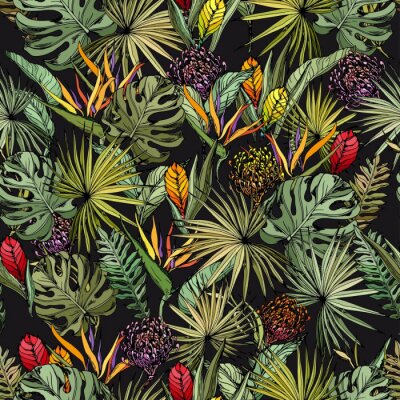 Tapete Exotische Blätter und Blüten auf dunklem Hintergrund