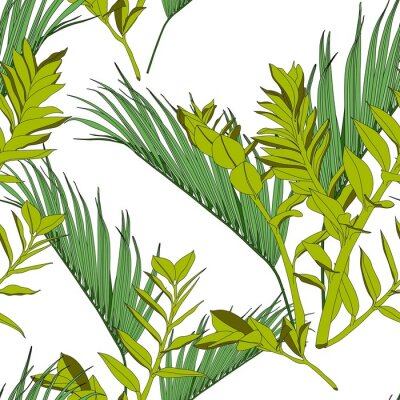 Tapete Exotische tropische und Palmblätter, weißer Hintergrund. Nahtloses Blumenmuster