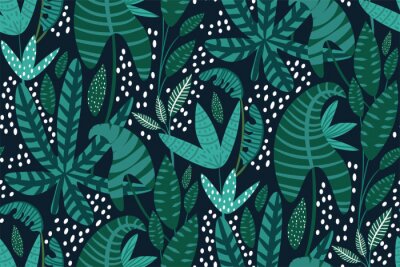 Tapete Exotische und tropische Blätter auf dunklem Hintergrund