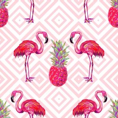 Tapete Exotische Vögel thematisieren Flamingos und Ananas