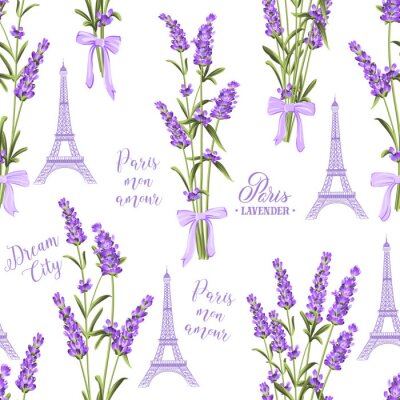 Tapete Fabric pattern with lavender flowers and eiffel tower. Seamless background for fabric design. Vector illustration.