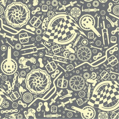 Tapete Fahrradteile mit Startflagge. Nahtloses Muster. Vektorbild