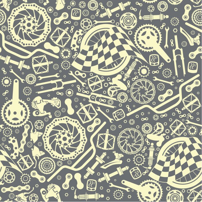 Tapete Fahrradteile mit Startflagge. Nahtloses Muster. Vektorbild