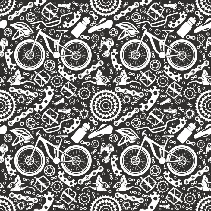 Tapete Fahrräder. Nahtloses Muster von Fahrradteilen. Isoliertes Vektorbild
