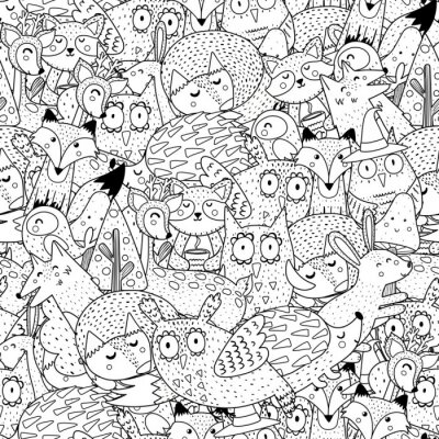 Tapete Fantasy forest animals black and white seamless pattern. Great for  coloring page, prints