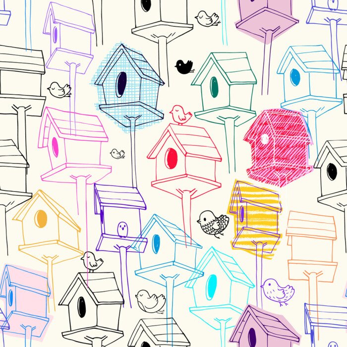 Tapete Farbenfrohes Motiv mit skizzierten Vögeln und Futterhäuschen