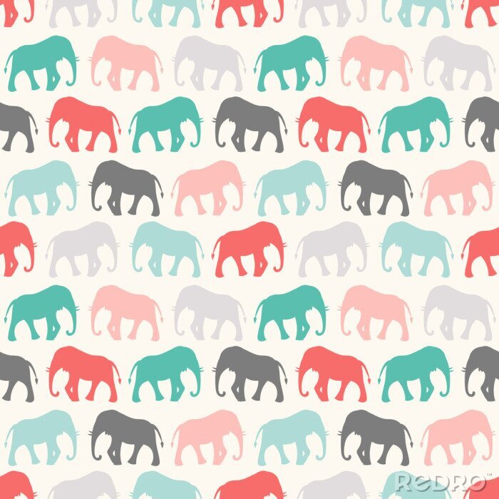 Tapete Farbige Silhouetten von Elefanten auf beigem Hintergrund