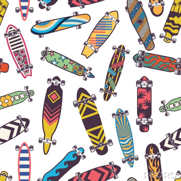 Tapete Farbiges nahtloses Muster mit verschiedenen Skateboards