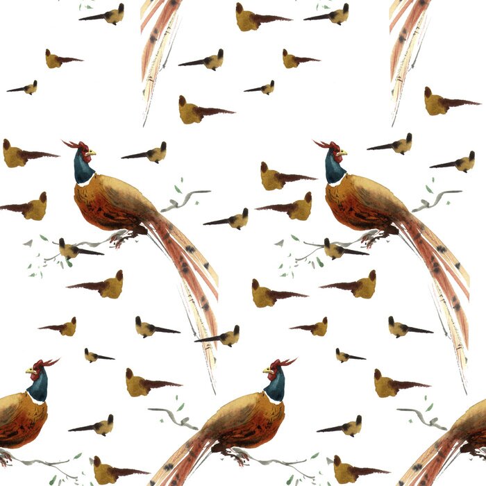 Tapete Fasane auf weißem Hintergrund