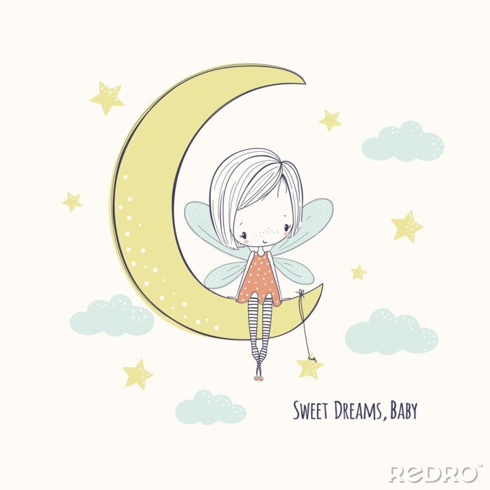 Tapete Fee auf dem Mond mit einem Stern an ihr befestigt