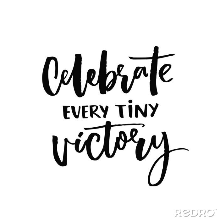 Tapete Feiern Sie jeden kleinen Sieg. Motivationales Zitat über Fortschritt und Träume. Inspirierend Sprichwort. Schwarz Vektor Kalligraphie isoliert auf weißem Hintergrund