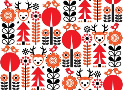 Tapete Finnisches inspiriertes nahtloses Vektorvolkskunstmuster - skandinavische, nordische Art mit Blumen und Tieren