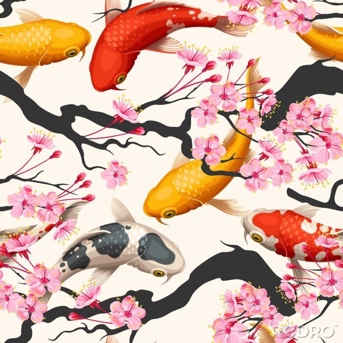 Tapete Fisch und rosa Blumen im orientalischen Stil