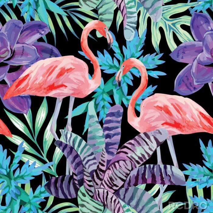 Tapete Flamingo Aquarell und exotischen Pflanzen Muster