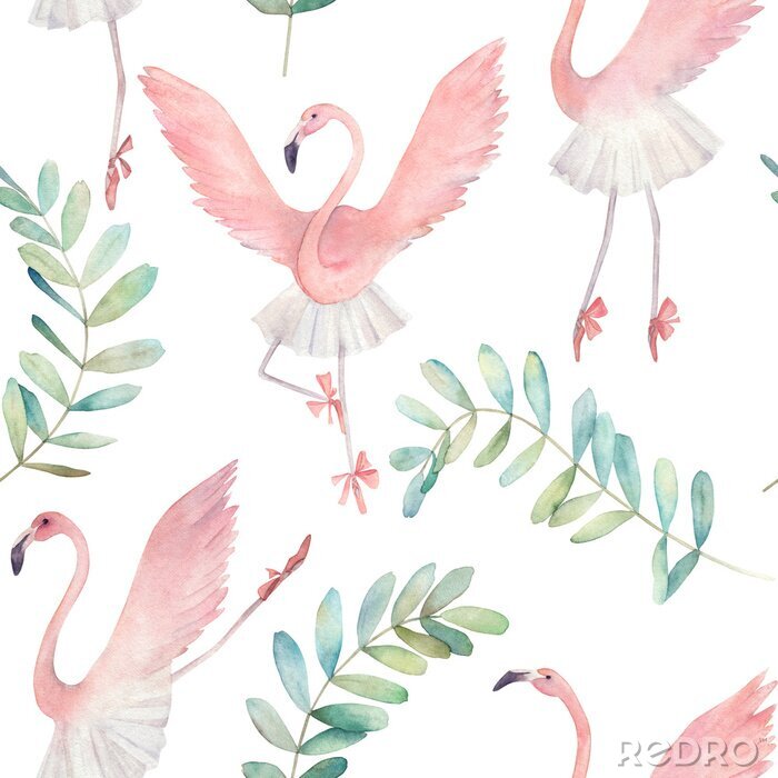 Tapete Flamingo dancing ballet. Hand drawn illustration. Watercolor abstract seamless pattern