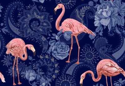 Tapete Flamingos auf dunkelblauem Hintergrund