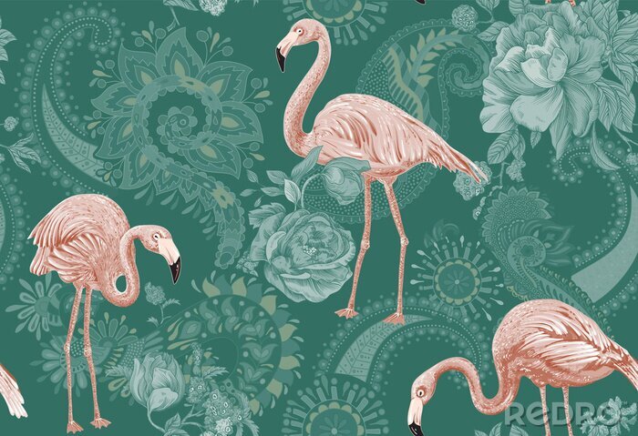 Tapete Flamingos auf grünem Hintergrund