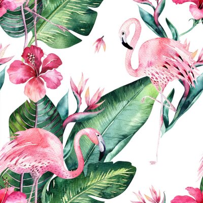 Tapete Flamingos Blumen und Monsterablätter auf einem Motiv mit weißem Hintergrund