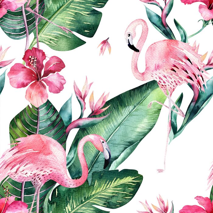 Tapete Flamingos Blumen und Monsterablätter auf einem Motiv mit weißem Hintergrund