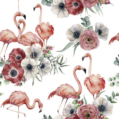 Tapete Flamingos und Blumen auf weißem Hintergrund